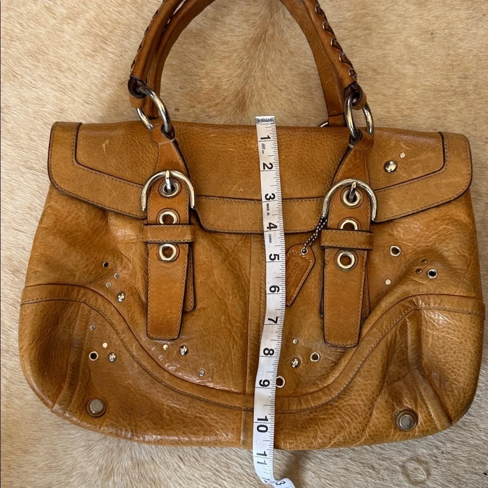 vintage Y2K Coach Hampton satchel in a tan color leather silver studs braided